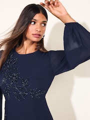 Friends Like These Navy Petite Floral Embellished Chiffon Long Sleeve Midi Dress - Image 3 of 5