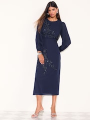 Friends Like These Navy Petite Floral Embellished Chiffon Long Sleeve Midi Dress - Image 4 of 5
