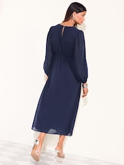 Friends Like These Navy Petite Floral Embellished Chiffon Long Sleeve Midi Dress - Image 5 of 5