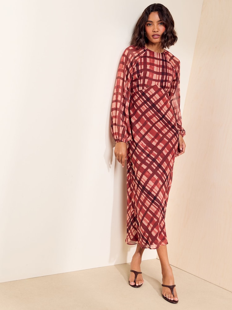 Roșu vișiniu - Friends Like These Long Sleeve Check Chiffon Midi Dress - Imaginea 2 din 5 Roșu vișiniu - Friends Like These Long Sleeve Check Chiffon Midi Dress - Imaginea 2 din 5