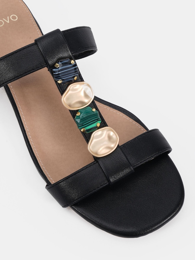 Novo Black Wide Fit Trinity Hardware Stone Detail Mule Flat Sandals - Image 5 of 5