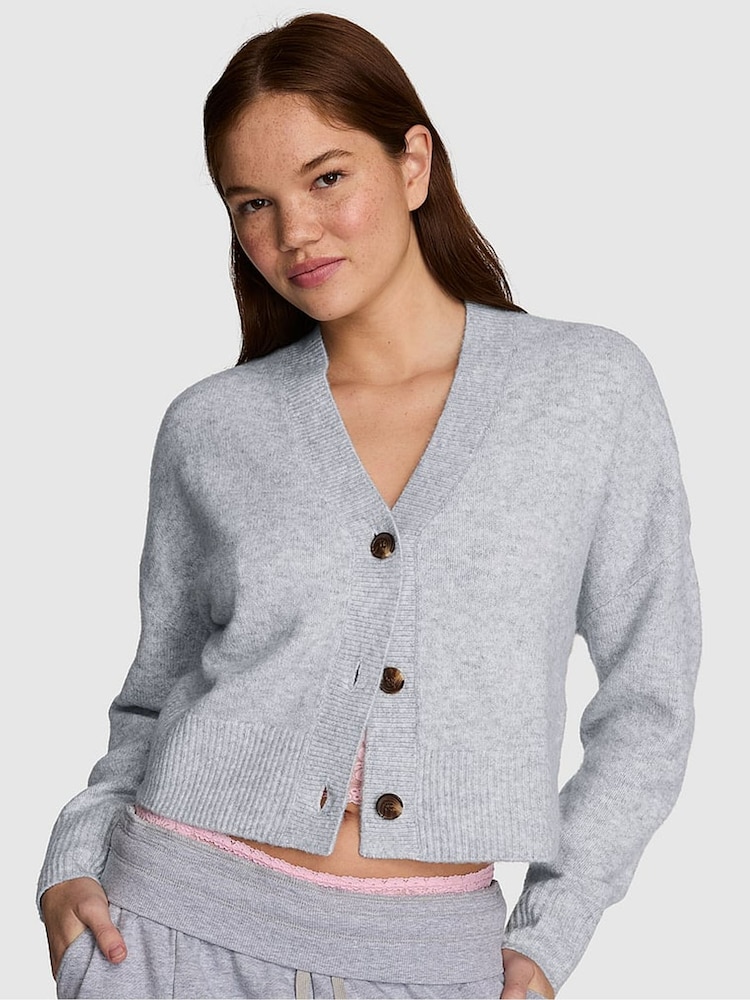 Victoria's Secret Pink Medium Heather Grey Cropped V-Neck Cardigan - Image 1 of 2 Victoria's Secret Pink Medium Heather Grey Cropped V-Neck Cardigan - Image 1 of 2