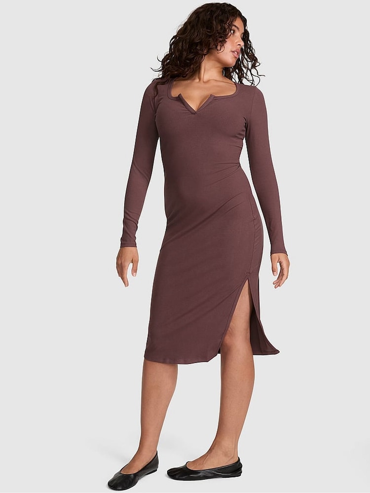 Victoria's Secret Pink Coco Crush Brown Ribbed Midi Dress - Image 1 of 2