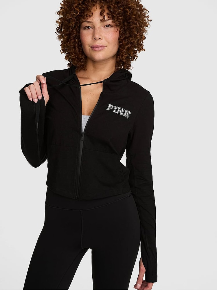 Victoria's Secret Pink Black Shine Cropped Hoodie - Image 1 of 2 Victoria's Secret Pink Black Shine Cropped Hoodie - Image 1 of 2