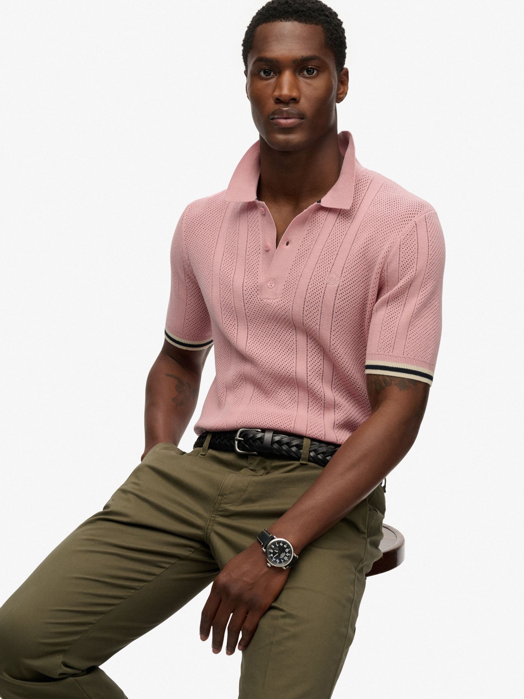 Superdry Knitted Texture Short Sleeve Polo Shirt, Light Pink, Size L, Men - Image 5