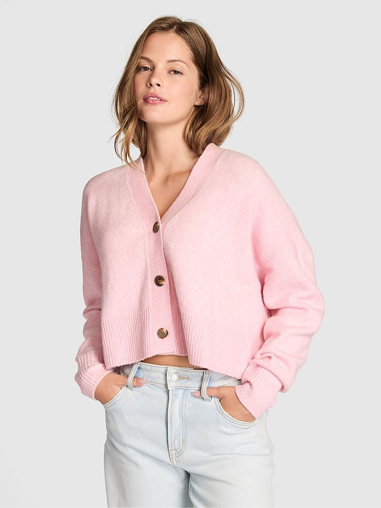 Victoria's Secret Pink Coconut Pink Cropped V-Neck Cardigan - Image 1 of 2 Victoria's Secret Pink Coconut Pink Cropped V-Neck Cardigan - Image 1 of 2