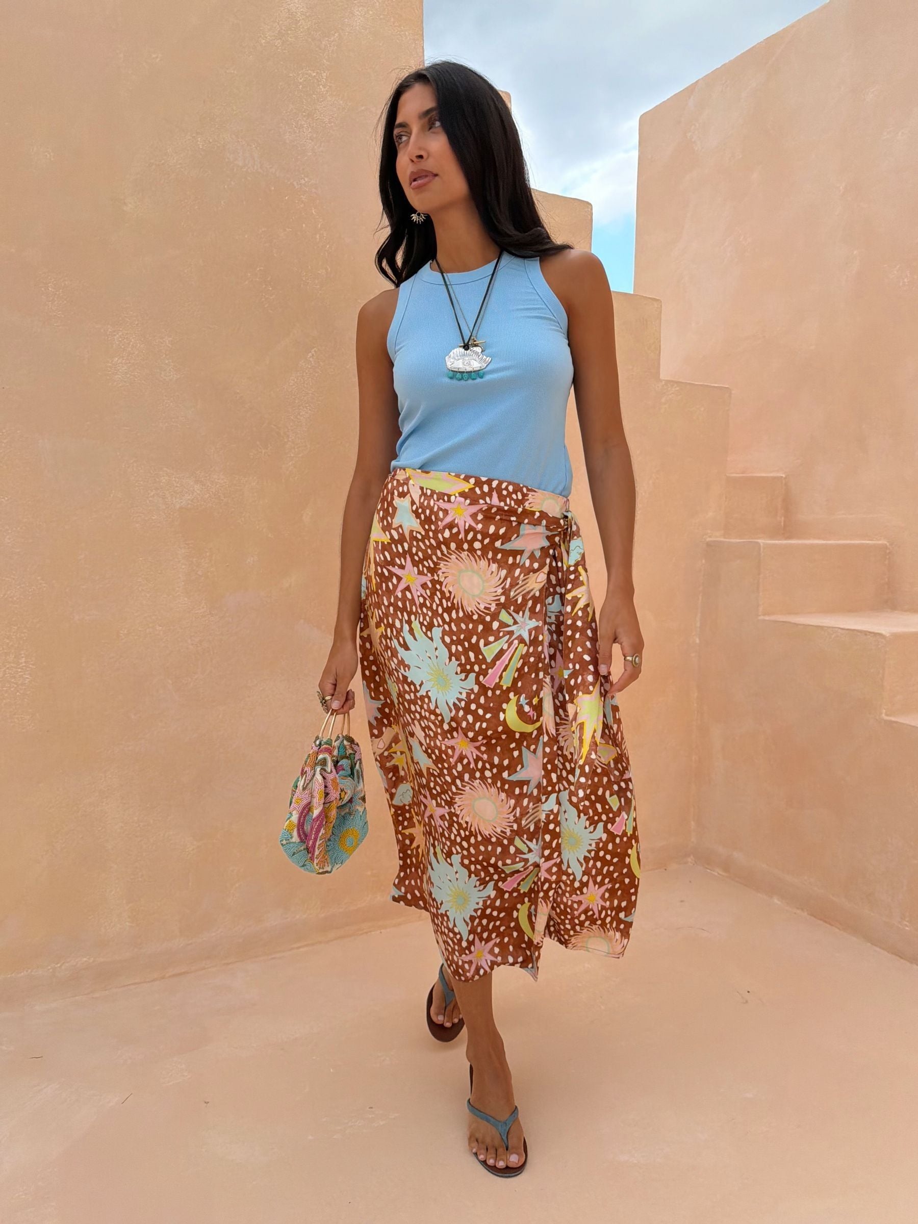 Buy Never Fully Dressed Brown Star Print Jaspre Midi Wrap Skirt
