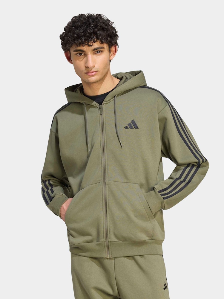 Grön - adidas Essentials 3-Stripes Fleece Full-Zip Hoodie - Bild 1 av 6