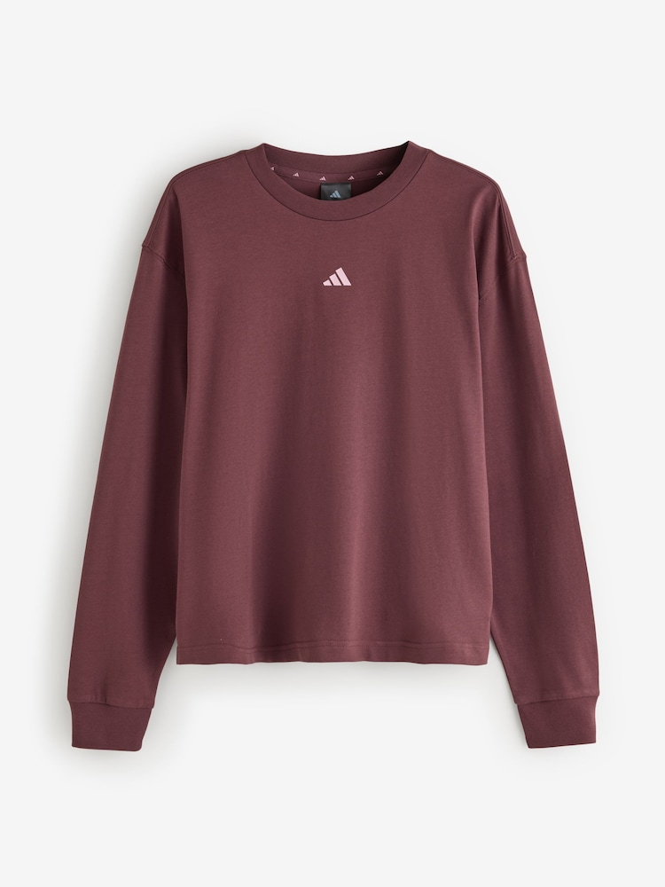 adidas Maroon Red 3-Stripes Studio Graphic Oversize Long Sleeve Top - Image 1 of 2 adidas Maroon Red 3-Stripes Studio Graphic Oversize Long Sleeve Top - Image 1 of 2