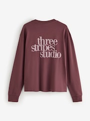 adidas Maroon Red 3-Stripes Studio Graphic Oversize Long Sleeve Top - Image 2 of 2