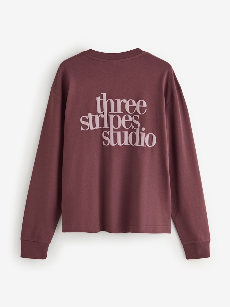 adidas Maroon Red 3-Stripes Studio Graphic Oversize Long Sleeve Top - Image 2 of 2 adidas Maroon Red 3-Stripes Studio Graphic Oversize Long Sleeve Top - Image 2 of 2