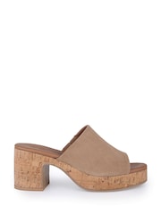 Off The Hook Natural Leigh Suede Leather Platform Cork Block Heel Mules - Image 1 of 6