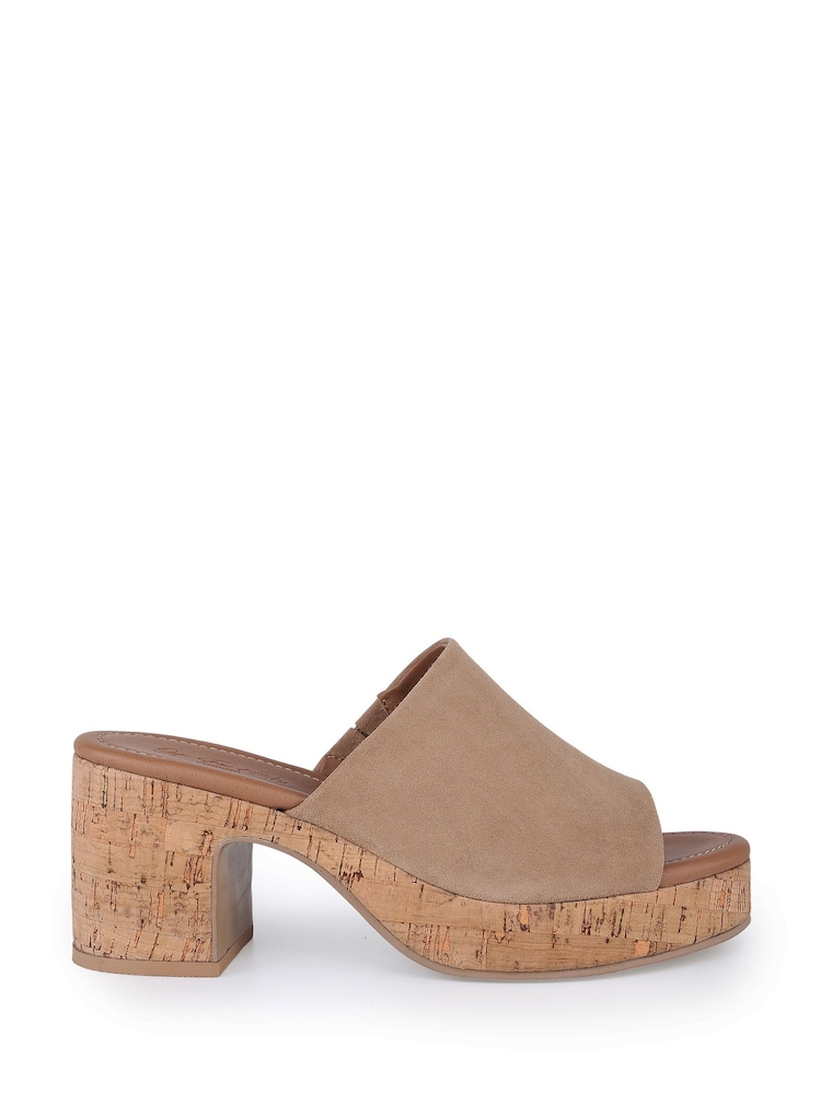 Off The Hook Natural Leigh Suede Leather Platform Cork Block Heel Mules - Image 1 of 6