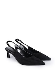 Off The Hook Black Danni Suede Pointed Toe Slingback Kitten Heel Pumps - Image 1 of 6