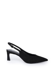 Off The Hook Black Danni Suede Pointed Toe Slingback Kitten Heel Pumps - Image 2 of 6
