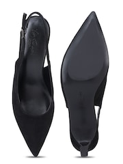 Off The Hook Black Danni Suede Pointed Toe Slingback Kitten Heel Pumps - Image 6 of 6