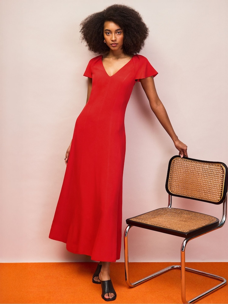 Ro&Zo Red Petite Flutter Sleeve Dress With Linen - Image 1 of 6