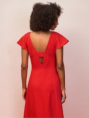 Ro&Zo Red Petite Flutter Sleeve Dress With Linen - Image 5 of 6