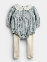 JoJo Maman Bébé Blue Floral 2-Piece Bubble Romper & Tights Set - Image 1 of 6