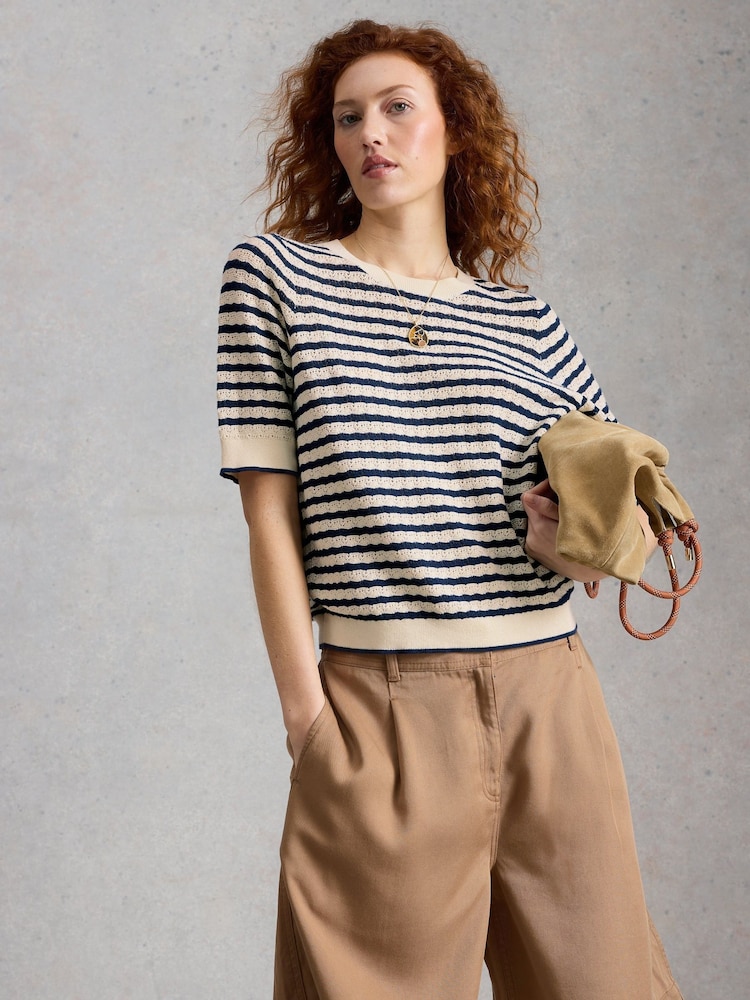 White Stuff Blue Holly Pointelle T-Shirt - Image 1 of 6 White Stuff Blue Holly Pointelle T-Shirt - Image 1 of 6