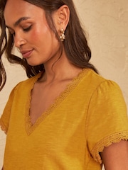 Love & Roses Ochre Yellow Lace Trim Flutter Sleeve V-Neck Top - Image 2 of 4