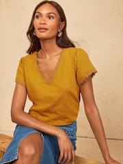 Love & Roses Ochre Yellow Lace Trim Flutter Sleeve V-Neck Top - Image 4 of 4