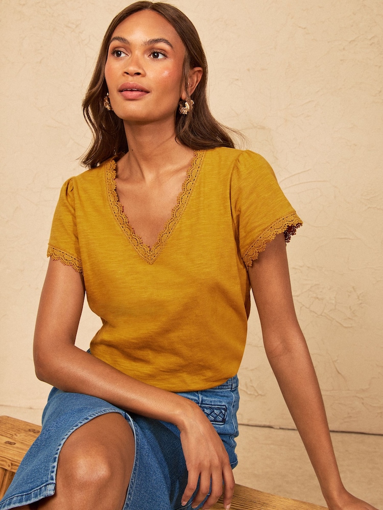 Love & Roses Ochre Yellow Lace Trim Flutter Sleeve V-Neck Top - Image 4 of 4