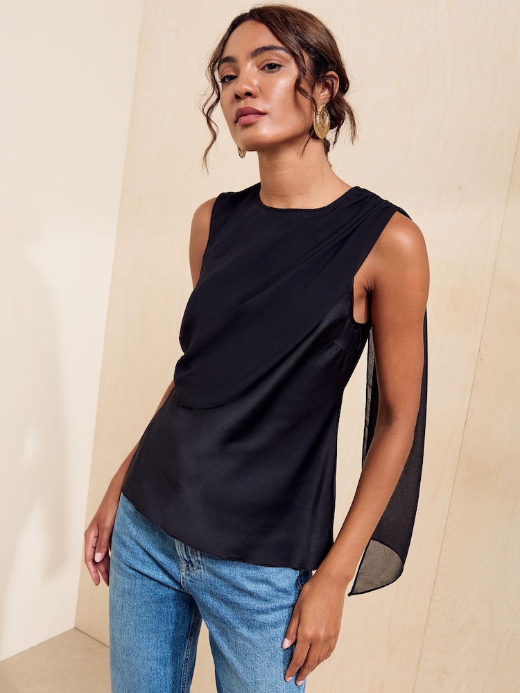 Friends Like These Black Sleeveless Drape Detail Blouse - Image 1 of 5 Friends Like These Black Sleeveless Drape Detail Blouse - Image 1 of 5