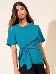 Friends Like These Teal Blue Short Sleeve Tie Side Cowl Neck Blouse - Image 1 of 6