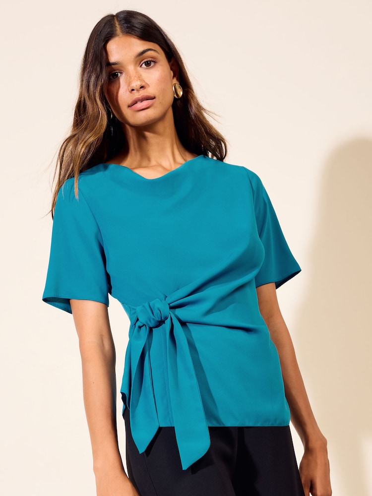 Friends Like These Teal Blue Short Sleeve Tie Side Cowl Neck Blouse - Image 1 of 6 Friends Like These Teal Blue Short Sleeve Tie Side Cowl Neck Blouse - Image 1 of 6