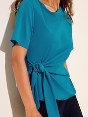 Friends Like These Teal Blue Short Sleeve Tie Side Cowl Neck Blouse - Image 2 of 6