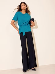 Friends Like These Teal Blue Short Sleeve Tie Side Cowl Neck Blouse - Image 3 of 6