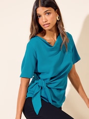 Friends Like These Teal Blue Short Sleeve Tie Side Cowl Neck Blouse - Image 4 of 6