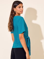 Friends Like These Teal Blue Short Sleeve Tie Side Cowl Neck Blouse - Image 5 of 6