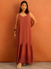 Live Unlimited Orange Linen Blend Broderie Maxi Dress - Image 4 of 5