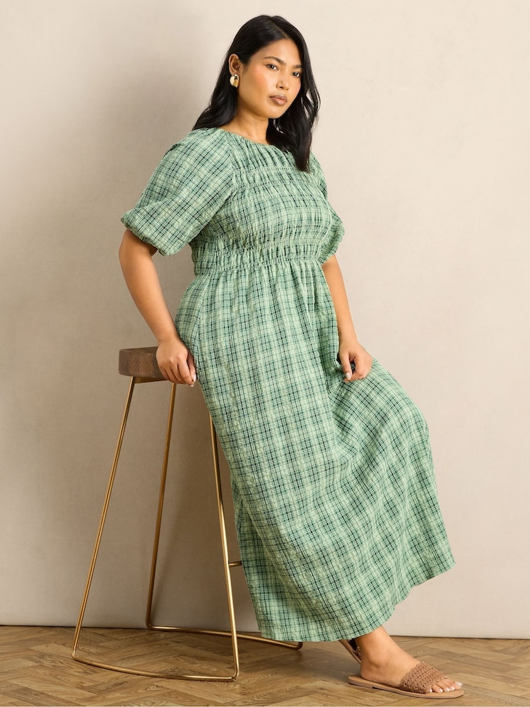 green check maxi dress Green Plaid Lace Detail Smocked Maxi Dress Medium