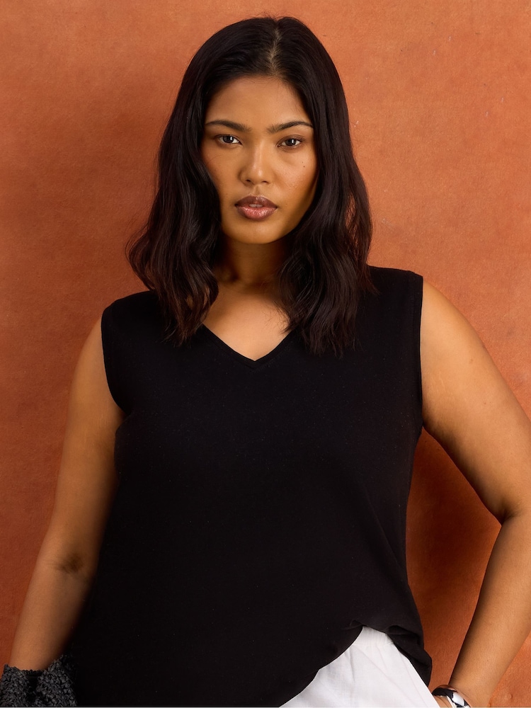 Live Unlimited Black Cotton Slub V-Neck Vest - Image 1 of 4