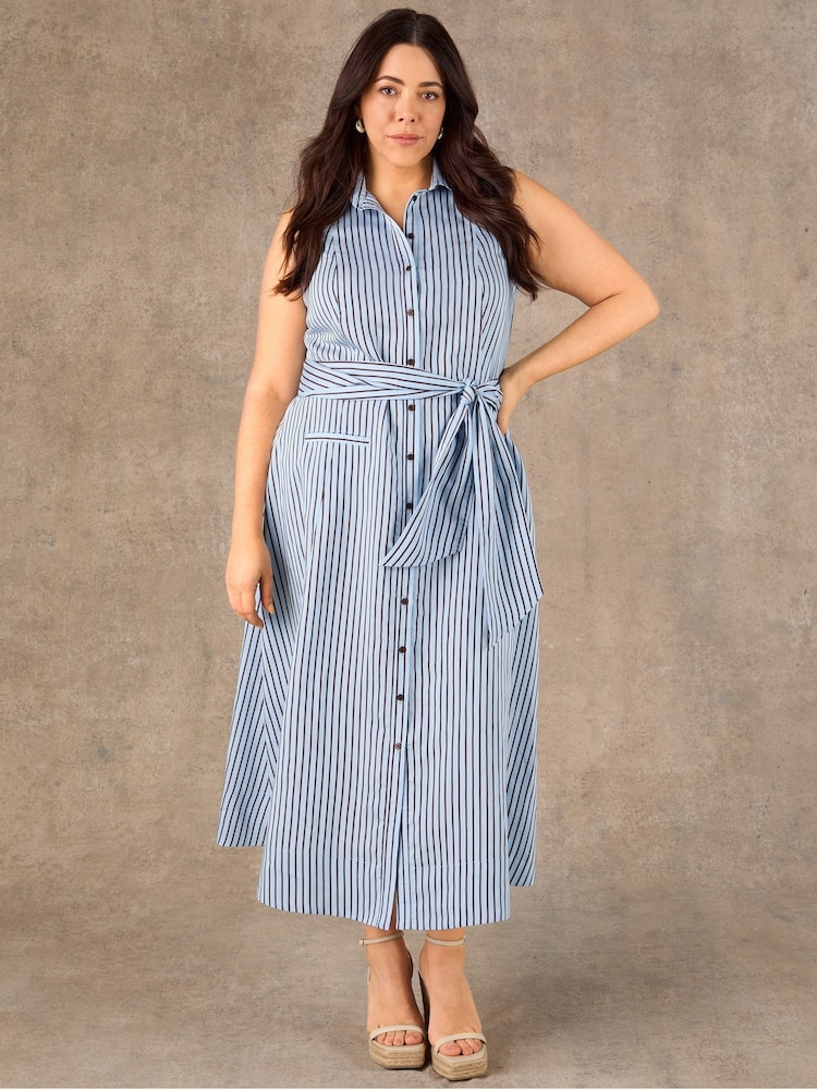 Live Unlimited Blue Petite Stripe Maxi Shirt Dress - Image 2 of 5