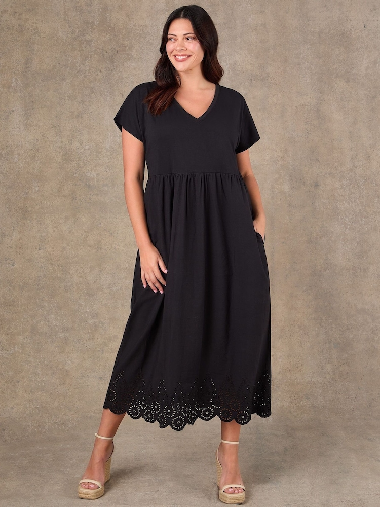 Live Unlimited Black Jersey Woven Mix Broderie Maxi Dress - Image 2 of 6