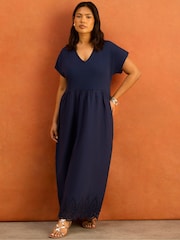 Live Unlimited Blue Jersey Woven Mix Broderie Maxi Dress - Image 3 of 6