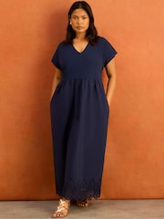 Live Unlimited Blue Jersey Woven Mix Broderie Maxi Dress - Image 4 of 6