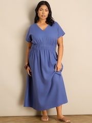 Live Unlimited Blue Linen Blend V-Neck Waist Detail Midaxi Dress - Image 1 of 6