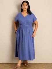 Live Unlimited Blue Linen Blend V-Neck Waist Detail Midaxi Dress - Image 2 of 6