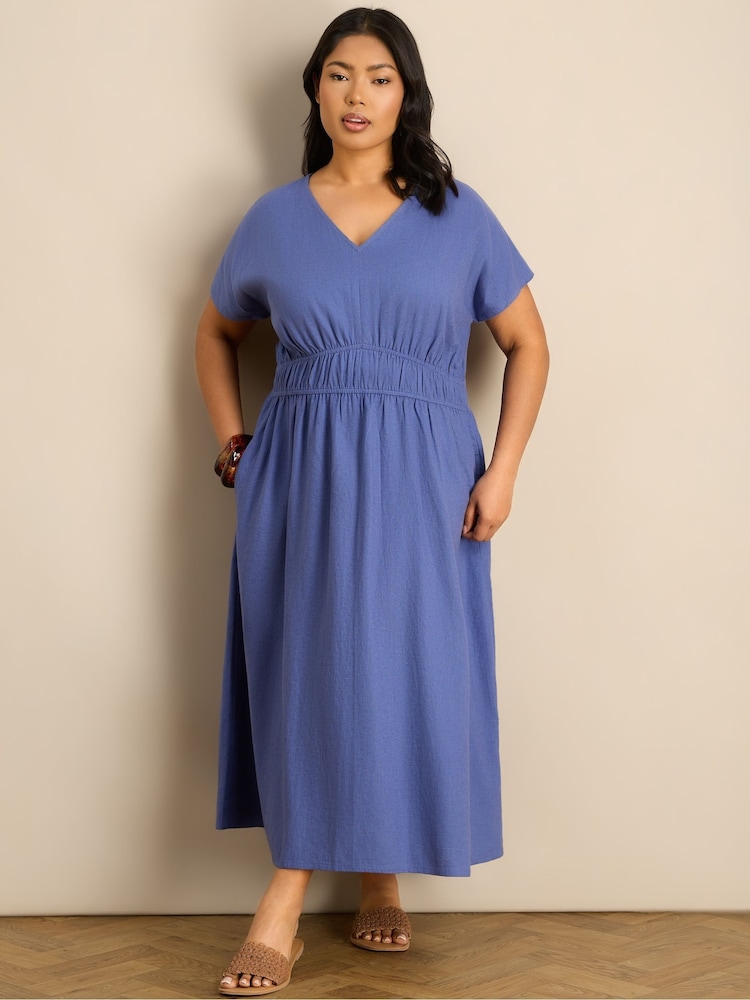 Live Unlimited Blue Linen Blend V-Neck Waist Detail Midaxi Dress - Image 2 of 6