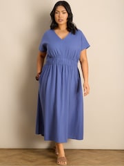 Live Unlimited Blue Linen Blend V-Neck Waist Detail Midaxi Dress - Image 4 of 6