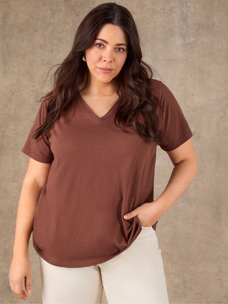 Live Unlimited Brown Cotton Slub V-Neck T-Shirt - Image 2 of 4