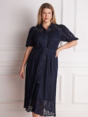 Live Unlimited Blue Puff Sleeve Button Though Belted Lace Dress - Image 1 of 6