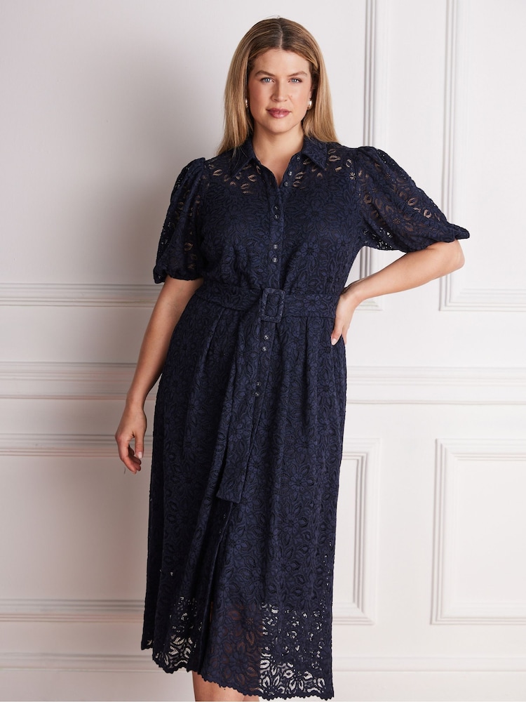 Live Unlimited Blue Puff Sleeve Button Though Belted Lace Dress - Image 1 of 6