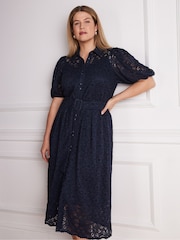 Live Unlimited Blue Puff Sleeve Button Though Belted Lace Dress - Image 2 of 6