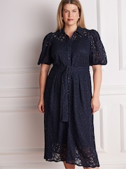 Live Unlimited Blue Puff Sleeve Button Though Belted Lace Dress - Image 3 of 6